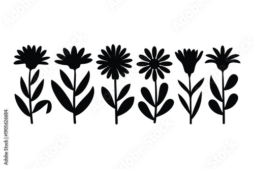 Black floral silhouette icon collection. Includes flower, blossom, leaf, and plant symbols. Created in solid black style with simple shapes.