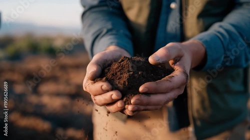 A regenerative agriculture workshop where farmers demonstrate cover cropping and composting techniques, hands lifting rich, dark soil teeming with life — eco-farming education, soil restoration,