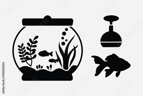 Fish tank vector icon set. Includes aquarium, fish, and lamp. Created in black silhouette style.