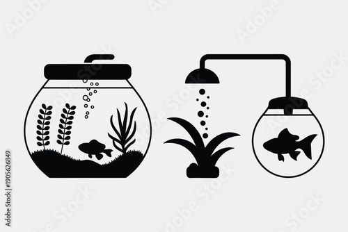 Fish aquarium vector icon set. Includes fish bowl, shower, plant, and fish symbols. Created in black silhouette style with simple shapes