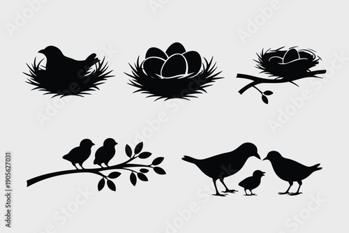 Bird silhouettes icon collection. Includes bird nests, eggs, birds on branch, parent and baby birds. Created in solid black style with gray background