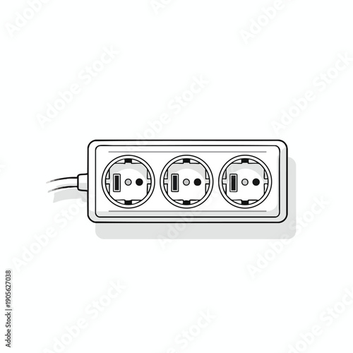 Electrical Power Strip with Three Outlets Illustration Multi Socket Extension Cord for Charging and Connection Line Art Drawing