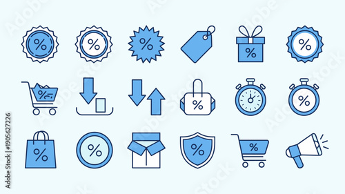 Collection of blue linear marketing icons with retail tags and shopping carts for commercial promotion designs