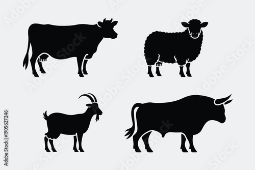Farm animal silhouette icon set. Includes cow, bull, sheep, goat. Created in black vector style.