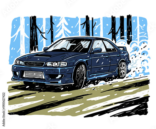 Extreme JDM Drift Car Illustration. High-speed winter street racing graphic design, turbo flame vector art for t-shirt or poster print, snow rally background.