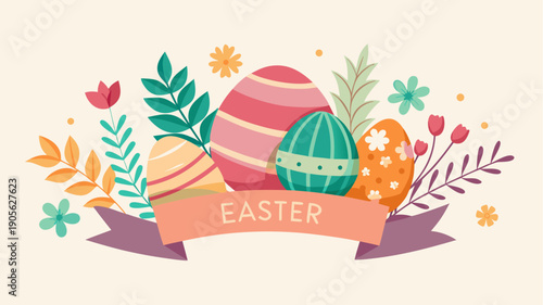 Decorative easter illustration with colorful patterned eggs, spring flowers and festive ribbon banner on light background