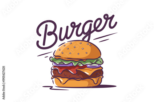 Delicious burger with fresh ingredients and handwritten lettering for cafe or restaurant advertising