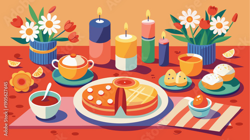 Festive easter table with candles, cake, painted eggs, flowers and traditional food in colorful flat illustration style