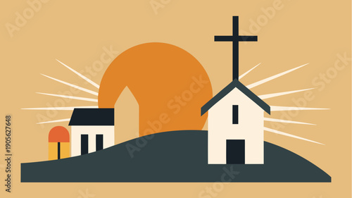 Minimal easter illustration of church with cross on hill at sunrise symbolizing faith resurrection and spiritual hope
