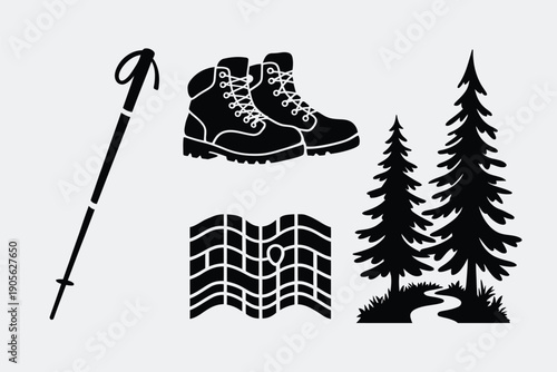 Hiking outdoor icon collection. Includes hiking boots, trekking pole, topographic map, and pine trees. Created in solid black silhouette style with minimal details
