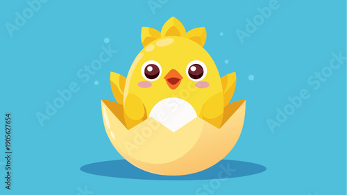 Cute yellow chick hatching from egg with happy expression on bright blue background in flat cartoon illustration style
