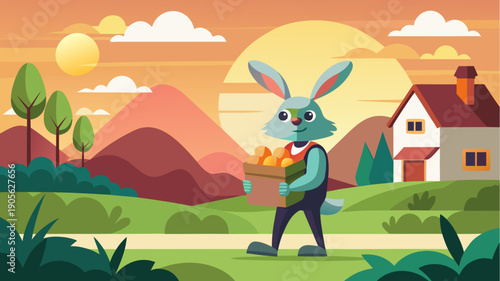 Cute easter bunny carrying basket with colorful eggs walking in spring countryside at sunset in flat cartoon illustration style