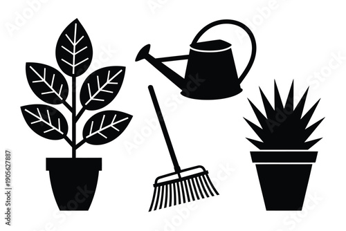 Gardening tool icon set. Includes watering can, broom, plant, potted plant. Created in simple black style with solid color