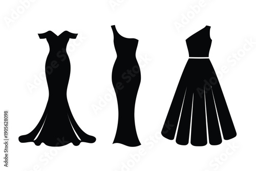 Elegant evening dress silhouettes vector set. Includes formal gown, cocktail dress, and ball gown. Created in minimalist style with black and white color palette.