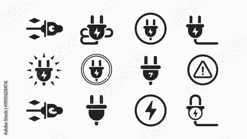 Electric plug icons set with power energy symbols for charging devices electrical equipment connection vector design