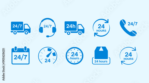 Set of 24/7 service delivery, support, and schedule blue vector icons on light blue background