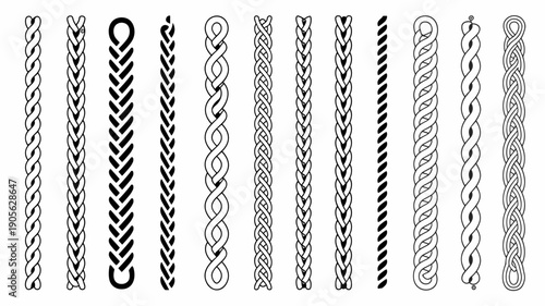 Set of various decorative braided and twisted rope, cord, and hair patterns vector elements