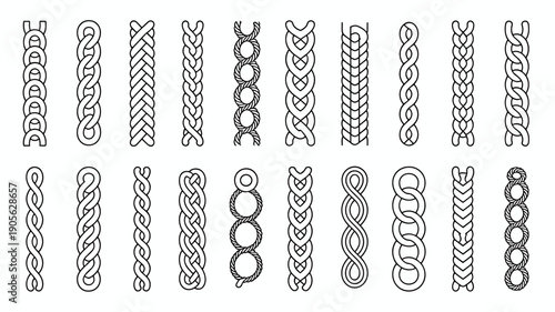Set of various decorative braided and twisted rope, cord, and hair patterns vector elements