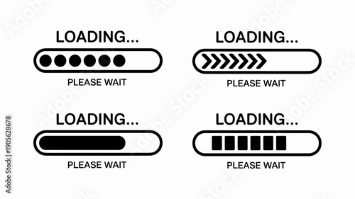 Set of four simple black and white loading progress bars with text indicating loading and please wait