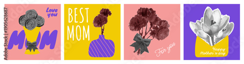 Mothers day Vintage Collage Banners or Cards in retro Halftone design. Collection with Flowers and Bows. Vector template