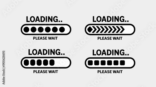 Set of four minimalist black and white loading progress bars with text indicating loading and please wait