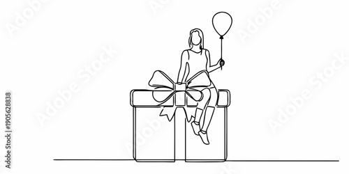 A continuous line drawing of a girl sitting atop a gift box with a balloon