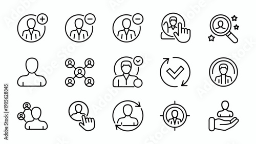 Human resources and recruitment line icon set with candidate search talent acquisition and staff management symbols