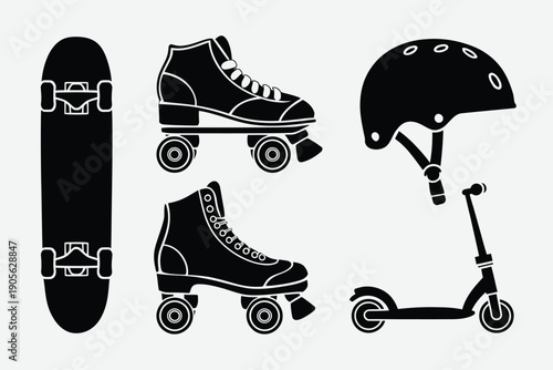 Skateboard, roller skate, ice skate, and scooter icon set. Includes skateboard, roller skates, ice skates, helmet, and scooter. Created in black and white line style with minimalist design
