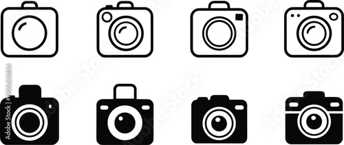Camera icon set in outline and solid style, photography symbols collection for photo studio, digital camera app, lens logo, UI interface and web design.