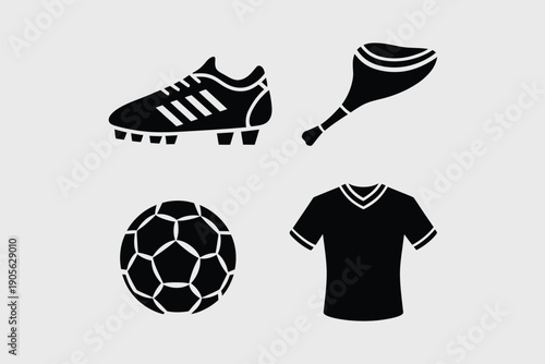 Soccer sports equipment icon set. Includes soccer ball, cleats, jersey, and rugby ball. Created in black silhouette style with white accents.