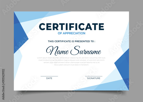 elegant Business blue Certificate of appreciation template geometric triangle design