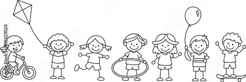 Cute kids doodle icon set with bicycle, kite, running, hula hoop, balloon and skateboard activities, hand drawn children collection for playful childhood design.