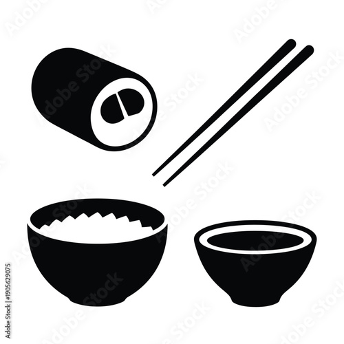 Japanese food icon set. Includes sushi roll, chopsticks, rice bowl, miso soup bowl. Created in black silhouette style with white accents.