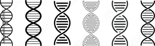 DNA helix icon set in black outline and solid style, genetics and biotechnology symbol collection for science, medical research, biology, and laboratory design elements.