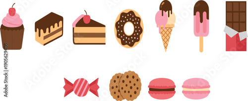Dessert and Sweet Treat Icon Vector Set with Cakes, Donuts, Ice Cream, Chocolate, Cookies, and Candy for Bakery Menus, Food Apps, and Packaging Designs