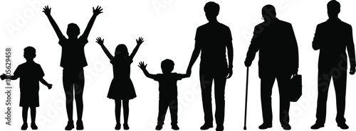 Family and people silhouette set showing children, adults and senior man with cane, standing human figures isolated on white background for social concept design.