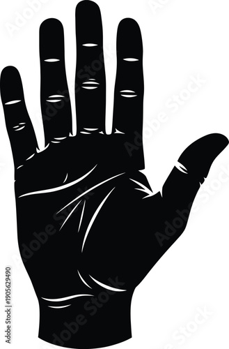 A black and white image of a left hand with palm facing outwards and four fingers raised