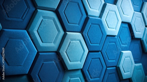 Acoustic Hexagonal Panels in Shades of Blue, Modern Sound Absorption Materials for Interior Design and Soundproofing