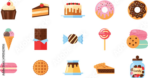 Dessert and Sweets Icon Vector Set with Cakes, Donuts, Candy, Ice Cream, Cookies, and Pastries for Bakery Menus, Food Apps, Packaging, and Cute UI Designs