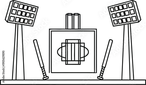 Minimalist line art illustration depicting a cricket pitch setup with tall stadium floodlights and crossed bats ready for a night game