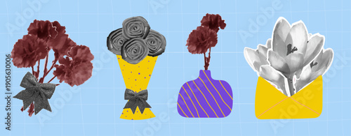 Flowers vintage Collage Stickers in retro Halftone design. Collection with Bouquet and Flowers. Vector Isolated illustration