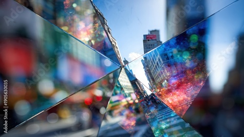 Geometric kaleidoscope reflects vibrant cityscape with buildings, sky, and colorful lights, offering a fragmented urban view.