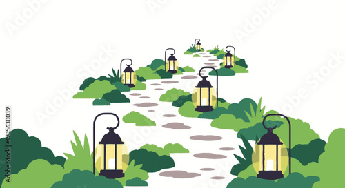 Lanterns on a winding garden path.
