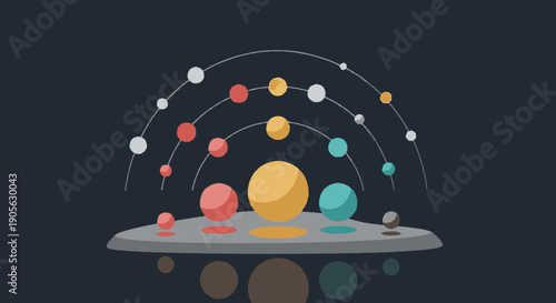 Colorful spheres on a reflective surface.