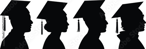 Graduation student profile silhouette set showing male and female heads wearing academic caps with tassels, education achievement concept isolated on white background.
