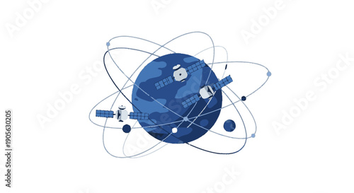 Blue Atom Model with Electrons and Nucleus.