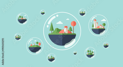 Floating Islands in Glass Orbs Illustration.