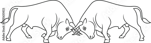 Powerful black and white line art illustration depicts two ferocious bulls locking horns in an intense and dramatic head to head confrontation symbolizing competition or rivalry