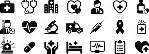 Medical and healthcare icon set with doctor, hospital, ambulance, syringe, stethoscope, medicine bottle, heart pulse, first aid kit and emergency symbols.