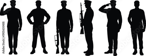 Military soldier silhouette icon set with standing army men holding rifle and saluting poses, defense and security forces collection for war and service design.